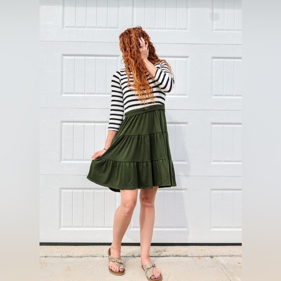 Olive Green Tiered Striped Dress - Picture 1 of 2